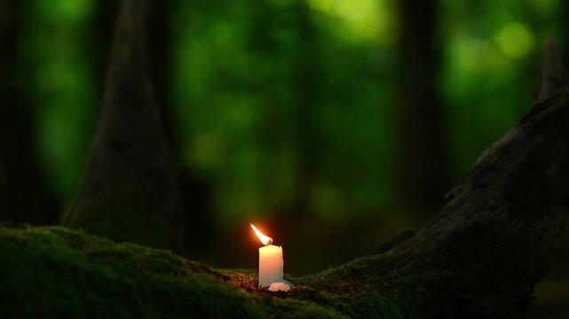 Extreme close up of a burning wax candle wick flickering in the wind at night, warm flame glowing on a mossy tree trunk with a dark mysterious forest background for deep meditation.