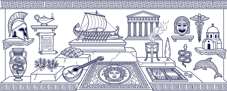 Ancient Greek Culture and Mythology Clipart Scene - Temple, Trireme, Helmet, and Medusa Line Art
