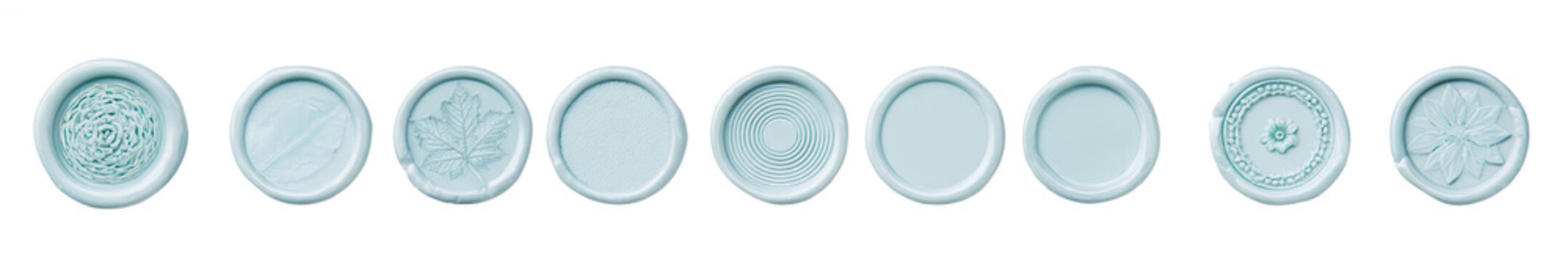 Eight blue coins arranged horizontally on transparent background