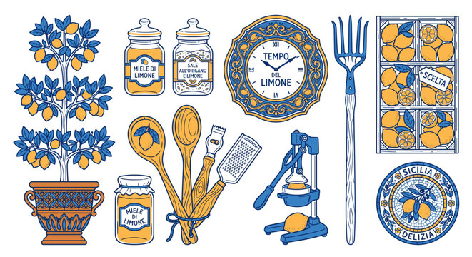 Mediterranean Sicilian Lemon and Kitchen Utensils Clipart Bundle - Citrus Tree, Juicer, and Majolica Tile Vector Art