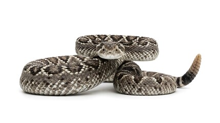 Obraz premium Venomous rattlesnake coiled and ready to strike, isolated on a pure white background