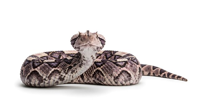 A Studio Shot of a Gaboon Viper Coiled and Facing Forward on a Clean White Background Isolated