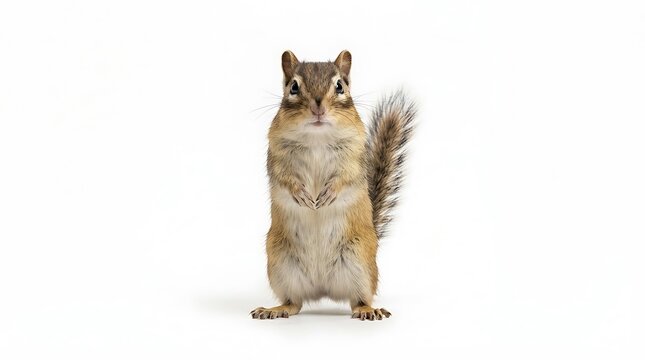 An adorable, small chipmunk stands attentively on its hind legs with a curious gaze, captured in a detailed studio portrait against a bright white background, showcasing its charming and alert nature