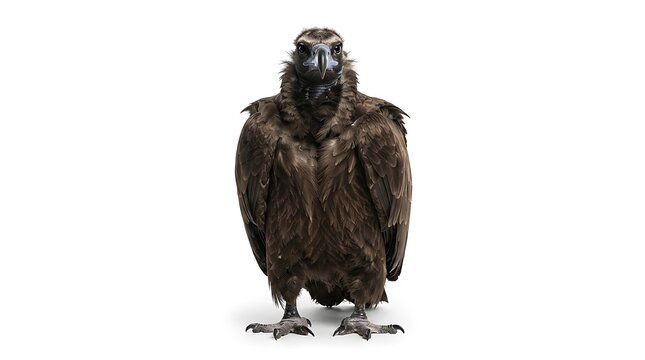 A front-facing, full-body shot of a black vulture standing on a white background