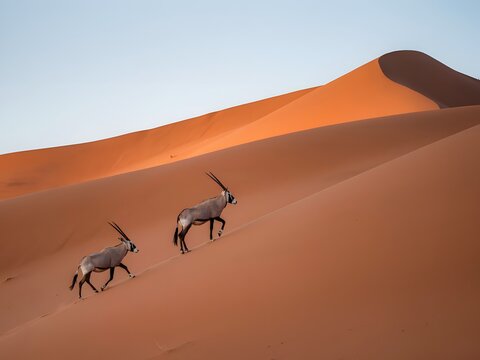 Two oryx antelopes walking on sand dunes in desert landscape with clear sky