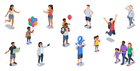 Fototapeta premium Theme park visitors character set with diverse people enjoying amusement park activities and leisure | Isometric vector illustration