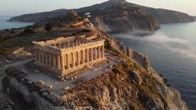 Ancient temple ruins on a cliff overlooking the sea at sunrise.