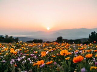 Obraz premium Wildflower meadow at sunset with orange flowers and mountain landscape background
