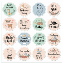 Obraz premium A collection of cute circular baby shower stickers with illustrations and text. The stickers include images of animals, babies, and text like Baby Shower, Welcome Baby, It's a Boy, It's a Girl.