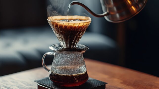 Pouring hot water into a V60 coffee dripper with freshly brewed coffee steaming in a glass carafe