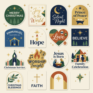 Collection of Christmas themed sticker icons with religious and festive messages