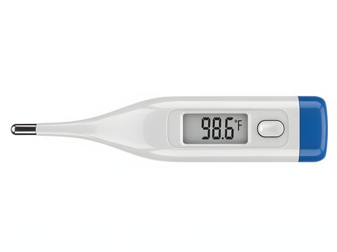 Digital thermometer showing normal body temperature of 98.6 degrees Fahrenheit.