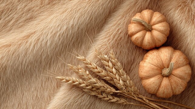 Two small pumpkins with wheat stalks on soft textured fabric during autumn harvest season