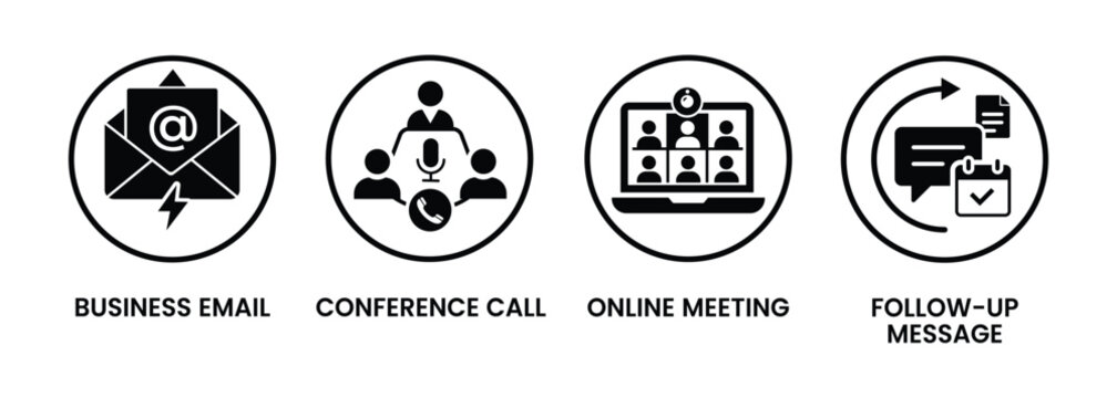 Communication methods icons email conference meetings and follow up messaging