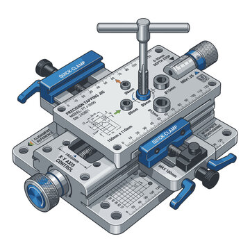 Precision tapping jig with Z-axis control, ideal for accurate thread cutting. This complex mechanical device is engineered for industrial applications.