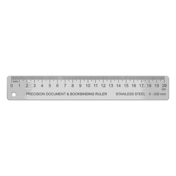 A metal ruler measuring 20 centimeters with clear markings for millimeters and centimeters, ideal for precise measurements