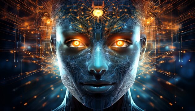 futuristic digital face projection with glowing orange eyes and network connections