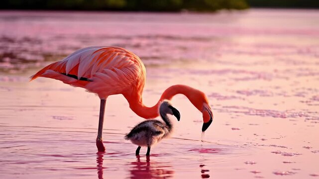 Adult flamingo and chick wading in shallow pink water, soft light on ripples. Flamingo focus reinforced through wading bird notion and long legged bird idea for education, tourism