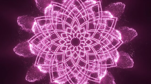 A luminous pink mandala-like geometric pattern glows against a dark background.