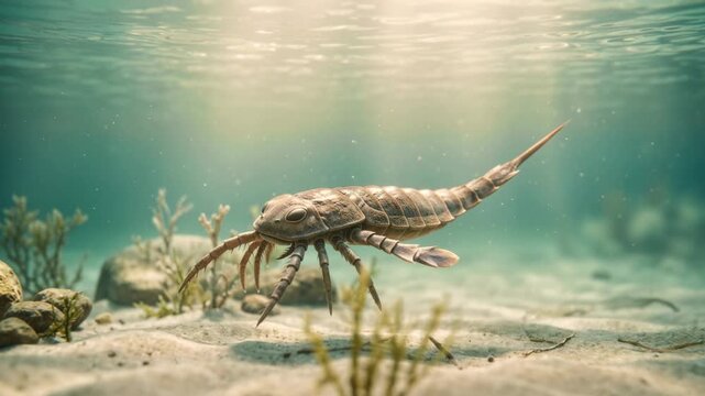 eurypterus underwater close up in prehistoric ocean morning light video