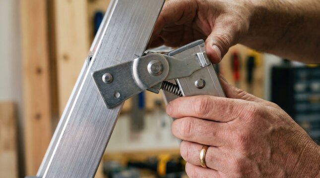Hands adjusting the metal hinge mechanism on an aluminum folding ladder