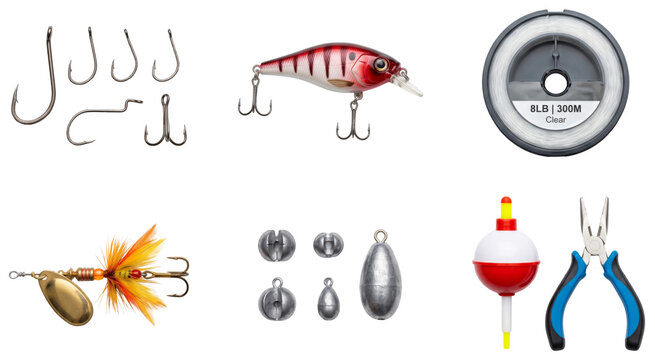 collection of various fishing gear and tackle equipment isolated on transparent background