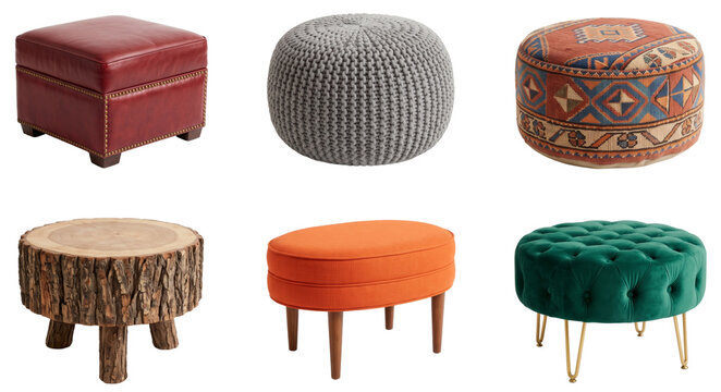 collection of six diverse ottomans and footstools in various styles isolated on transparent background