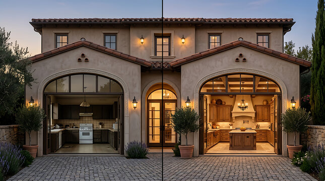Luxury Mediterranean-style townhouse with dual garages and inviting front entrance showcasing warm lighting and lush greenery