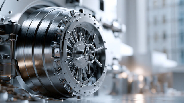Side view close up of a bank vault door with a metallic locking wheel three dimensional render on a bright clean background open banking bank vault vault door security