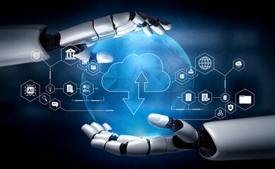 Fototapeta na wymiar Digital Transformation Theme With Futuristic Robot Hands Cradling Globe Symbolizing Cloud Technology and Data Exchange in Modern World. Glyphic.