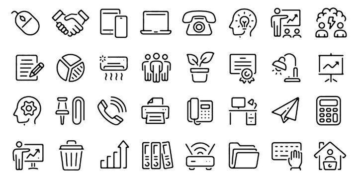 Office Line Icons Set. Office and Workspace Outline Vector Collection with Chair, Coffee, Time, Manager, Computer and Desk Vector Illustration.