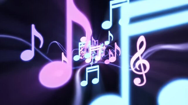 Luminous music notes float in a dark, smoky atmosphere with radiating light beams.