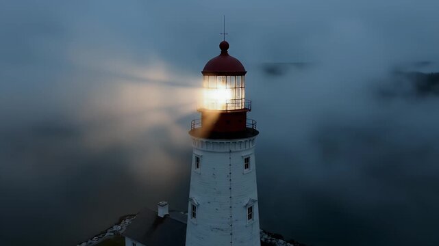 A lighthouse beam cuts through the dense fog, illuminating the misty surroundings.