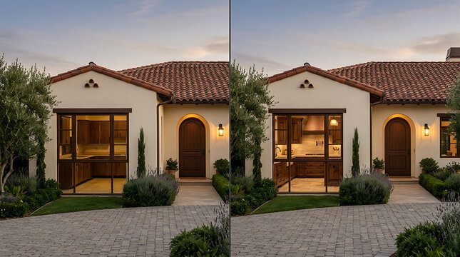 Charming Mediterranean-style house with warm lighting and lush landscaping during twilight