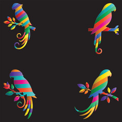 Fototapeta premium Colorful Gradient Parrot Bird Silhouette Vector Set on Tree Branches for Logo, T-Shirt, Sticker, Wall Art and Tropical Wildlife Design.