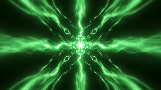 A bright green lightning strike emanates from a central point, creating a cross-like shape against a dark background.