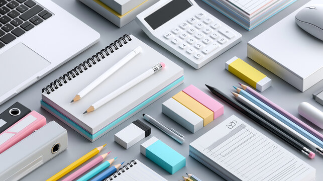 Back to school isometric background with stationery and school supplies in organized grid layout, education design concept, isometric photography, blurred neutral background, with