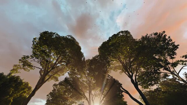 Golden Sun Rays Through Forest Trees with Birds Circling Above