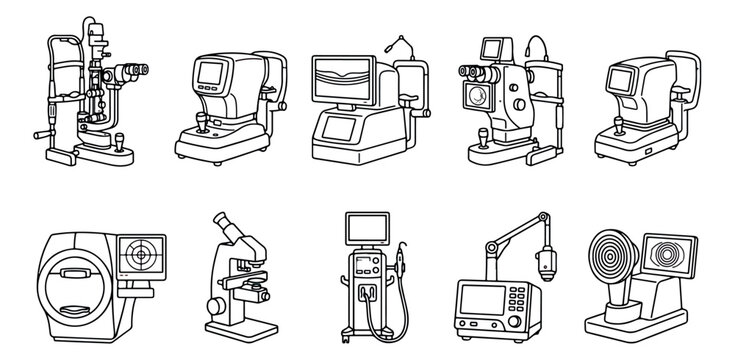 Ophthalmology medical equipment icons set, professional eye exam diagnostic tools vector, 10 clinical optometry and vision testing devices