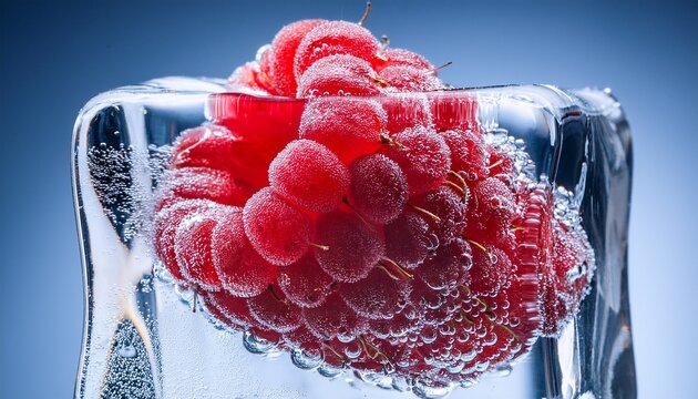 bright red raspberry suspended in clear ice cube with tiny bubbles