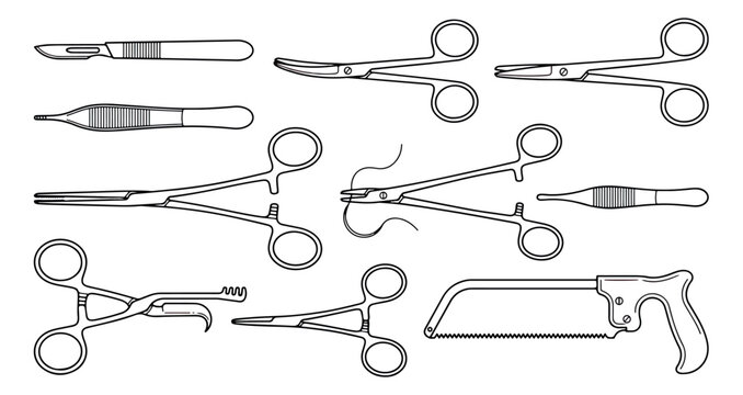 Surgical instruments vector set, medical steel tools for surgery and anatomy, 11 professional healthcare icons including scalpel and forceps