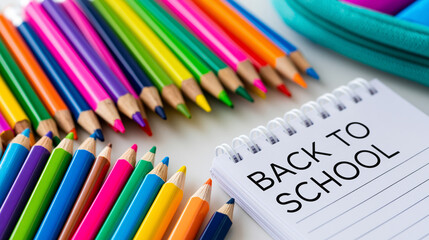 Obraz premium Colorful back to school supplies and text on white background for educational marketing, stationery concept, product photography, clean white background, with copy space