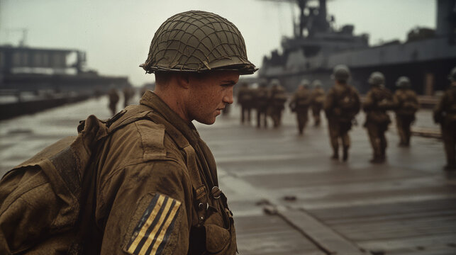 WWII soldier in helmet and uniform stands ready for action on a ship deck