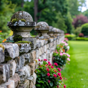 Close-up of stone statues in lush garden setting.
