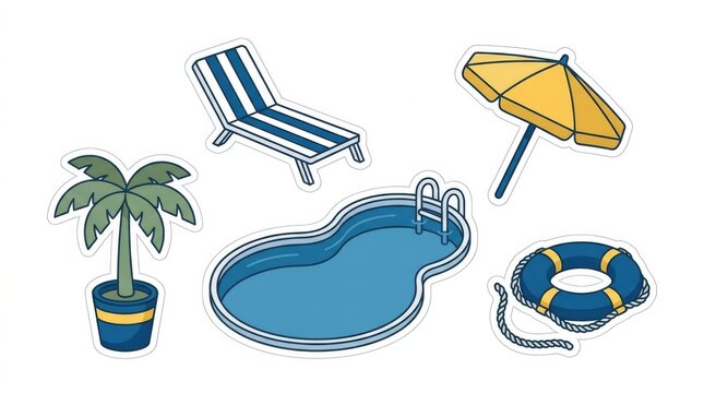 Summer vacation stickers with swimming pool sunbed and palm tree