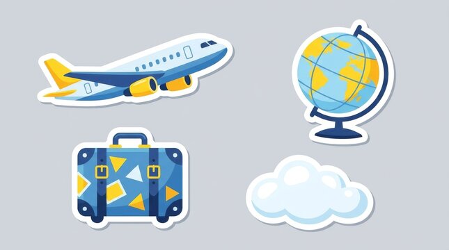 Travel and tourism stickers set with airplane globe and suitcase