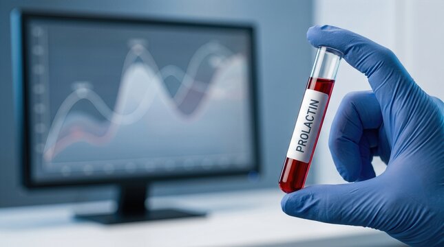 Laboratory technician holding a test tube labeled prolactin with red liquid, while a computer monitor displaying data graphs is visible in the background