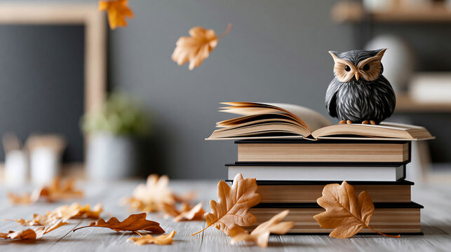 Back to school illustration with chalkboard books owl and falling autumn leaves representing seasonal academic return, autumn education concept, illustration photography, blurred