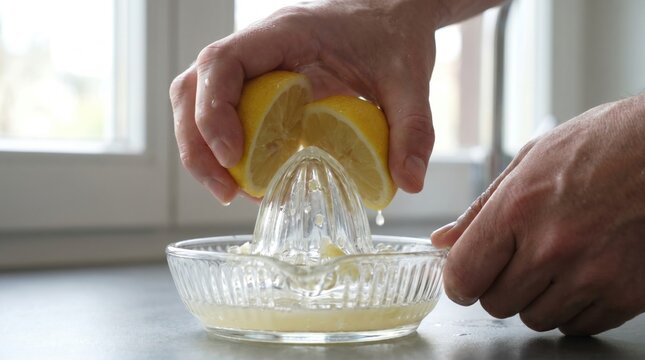 Hands squeezing fresh lemon halves onto a glass citrus juicer