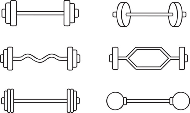 Black and white barbell icons set, simple dumbbell and barbell line icons for fitness training and gym workout design